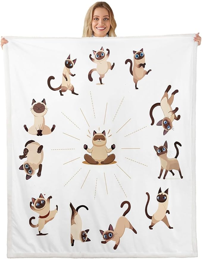 Yoga Cat Sherpa Blanket Siamese Cats Fleece Throw Blanket for Sofa Couch Bed Cute Pet Decor Cartoon Animals Plush Blanket Magical Animal Fuzzy Blanket King 87"x95"