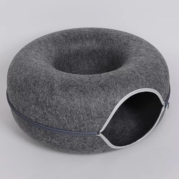 ESPIDO-Premium Cat Cave for Small Pets, Multifunctional Donut Tunnel Bed for Indoor Pets, Round Felt Pet Cave with Premium Zipper, for Pets up to 40 Lbs (24x24x11 Inch) (Dark Gray)