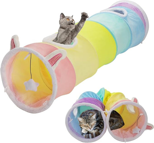 Large Size Straight Cat Tunnel with Four Holes and Hanging Ball for Indoor Cat Exercise, Interactive Crinkle Inside Material