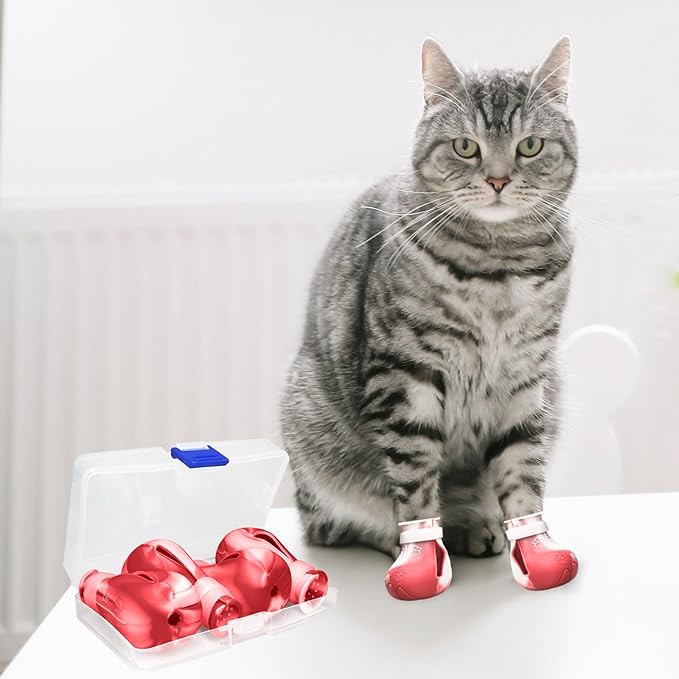 4 Pcs Cat Boots for Cats Only Cat Claw Covers Silicon Cat Mittens to Prevent Scratching Cat Booties for Bathing Nail Clipping Barbering Treatment (Red&White)