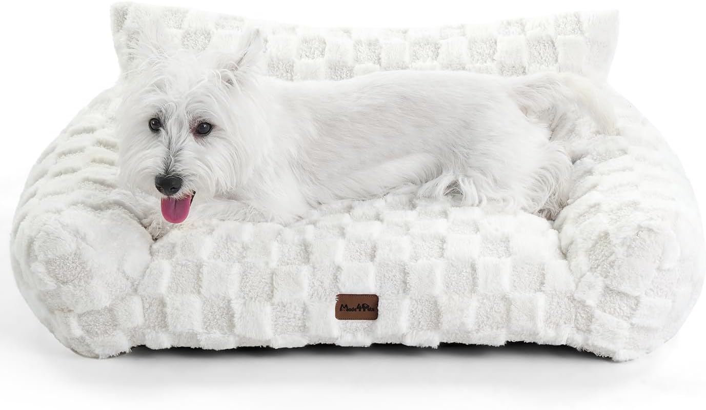 Made4Pets Cat and Dog Couch Bed, Soft Faux Fur Checkered Pet Sofa, Cozy Fluffy Pet Sofa with Supportive Foam, Removable Washable Cover with Non-Slip Base, White, Medium