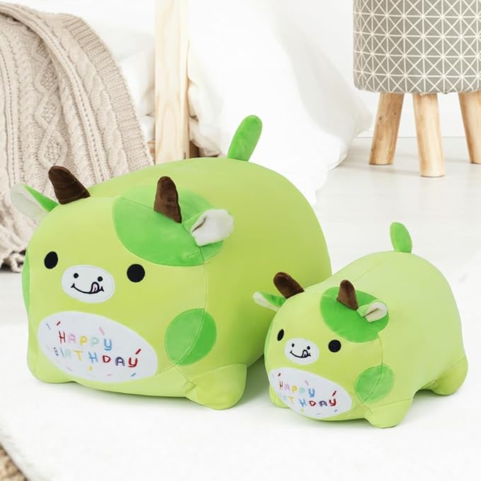 Birthday Cow Plush Pillow Stuffed Animal Toy, Green Birthday Cartton Cow Plush Stuffed Animals, Soft Animal Plush Pillow for Kids(Cow, 25cm/9.8inch)