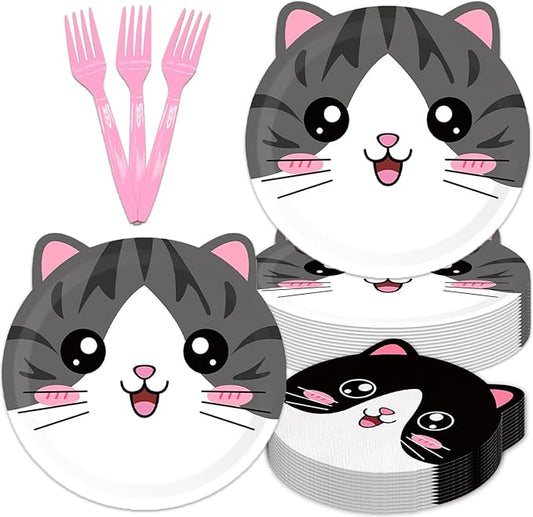 48Pcs Cat Birthday Party Decorations Meow Pawty Disposable Plates Napkins And Forks Serves 16 Pet Kitten Baby Shower Birthday Party Decorations