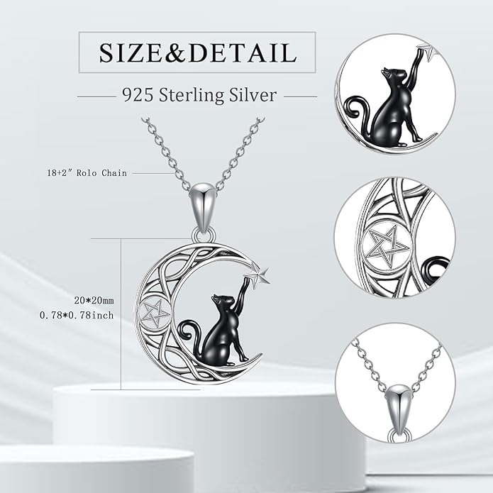 Black Cat/Dragon/Fox/Wolf Necklace 925 Sterling Silver Celtic Moon Pentagram Pendant Gothic Jewelry Goth Halloween Gifts for Women