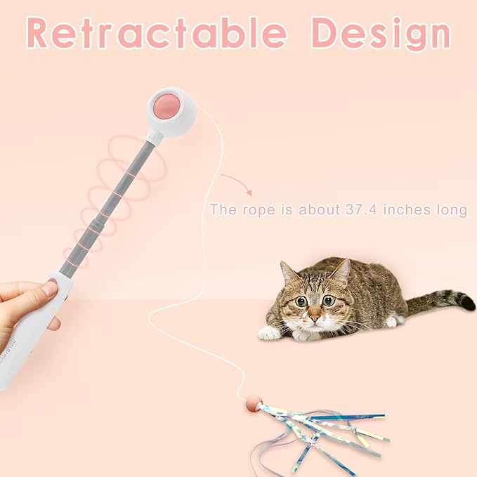 Andiker Cat Teaser Stick, Retractable Cat Wand with Replacement Head, Cat Feather Toy, Cat Interactive Toy for Indoor Cats for Relief Boredom and Exercise (Pink)