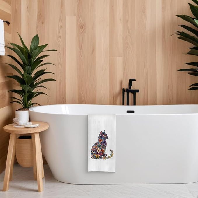 Flower Cat Kitchen Towel, Floral Cat Hand Towel for Bathroom Decor, Kitten Dish Tea Towel for Kitchen Decor, Pet Gifts for Kitten Lovers Women Girls, 16x24 Inches