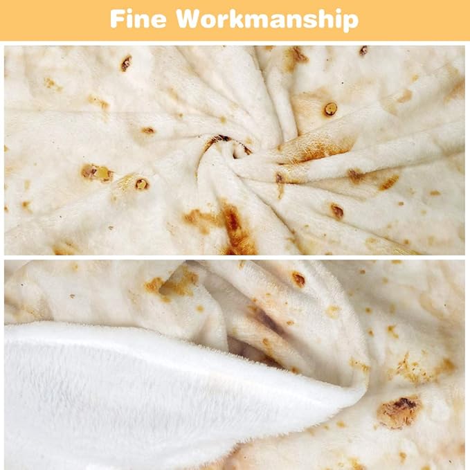 Burrito Tortilla Throw Blanket, 2.0 Double Sided Burritos Taco Tortilla Wrap Blankets for Adults Kids, Giant Funny Realistic Food Blankets, Soft Flannel Round Throw Blanket 71in