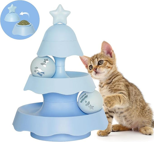 Interactive Cat Toys for Indoor Cats, Teeth Cleaning Dental Chew Catnip Toys, 3 Level Turntable with 3 Track Balls Chase Cat Toy for Kittens - Blue