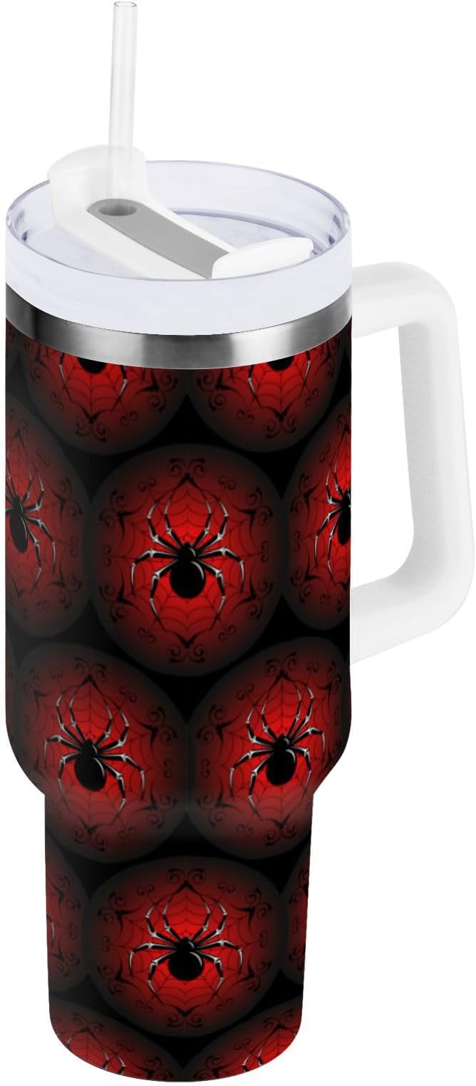 Boccsty Black Red Spider's Web Insulated Tumblers Reusable Stainless Steel Tumbler 30 oz Cup Coffee Travel Mug Water Bottle with Handle & Flip Straw for Home Office Car