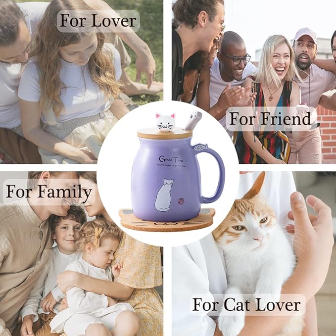 BigNoseDeer Cat Mug Kawaii Tea Cup with Infuser and Lid Purple Cat Ceramic Coffee Mug Cute Cool Preppy Stuff Birthday Gifts for Mom Gifts for Women Girlfriend Girls Cat Lover Gifts(13oz)