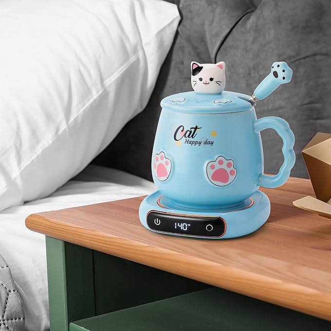 Bgbg Coffee Mug Warmer & Cute Cat Mug Set, Beverage Cup Warmer for Desk Home Office with Three Temperature Up to 140℉/ 60℃, Coffee Warmer for Cocoa Milk Tea Water Candle, 8 Hours Auto Shut Off