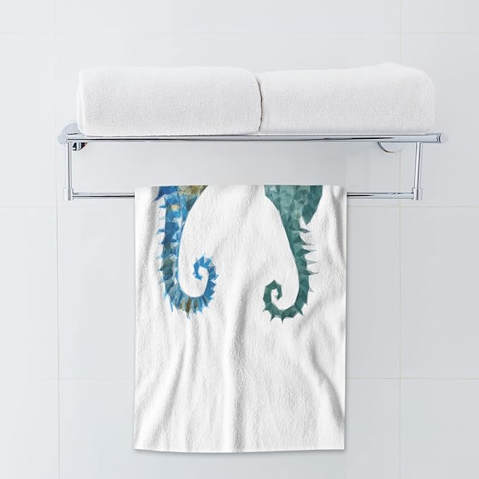 AOYEGO Seahorse Bath Towels Blue Green Sea Horses Polygon Triangles Kitchen Hand Towels Bathroom Decor Soft Beach Microfiber Hair Towels 15x30 Inch