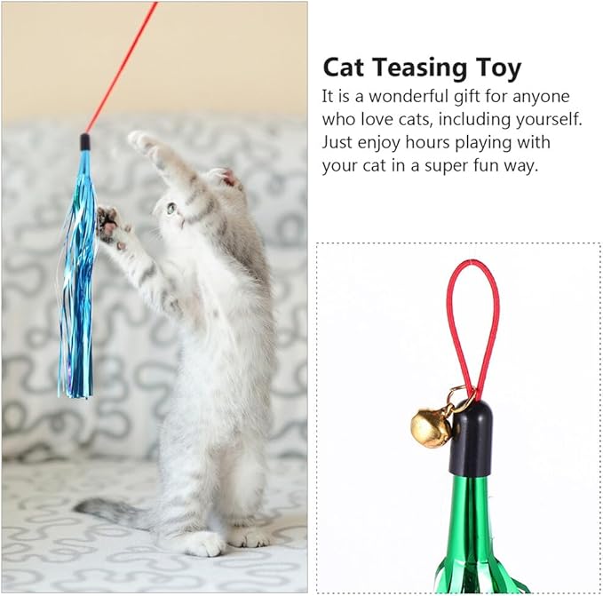 LUOZZY 16 Pcs Cat Teaser Wand Metallic Foil Tassel Cat Wand Toy Replacement with Bell Interactive Catcher Teaser for Pet, Random Color