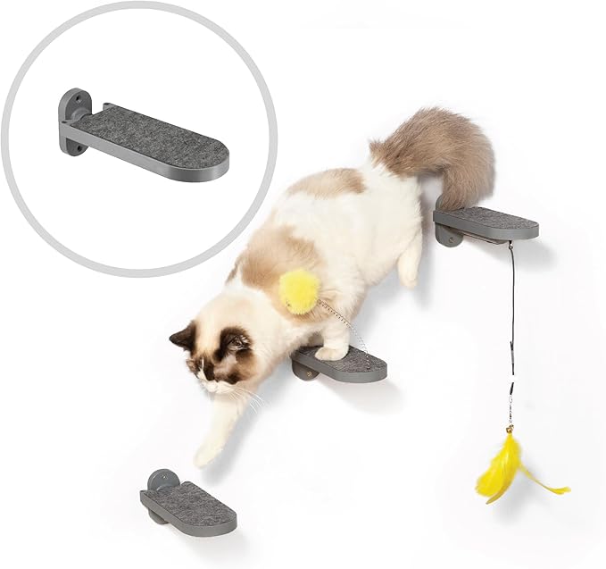 SVD.PET (3-Pack Cat Wall Steps, Cat Climbing Stairs with Replaceable Felt Pad, Cat Climbing Shelves for Wall Mounted with Cat Toy, Cat Wall Furniture (Dark Grey)