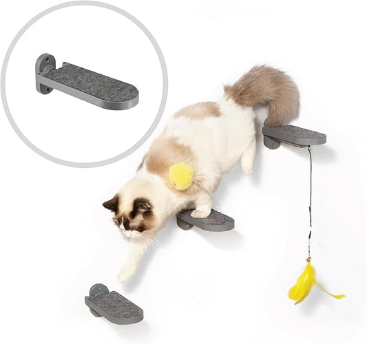 SVD.PET (3-Pack Cat Wall Steps, Cat Climbing Stairs with Replaceable Felt Pad, Cat Climbing Shelves for Wall Mounted with Cat Toy, Cat Wall Furniture (Dark Grey)