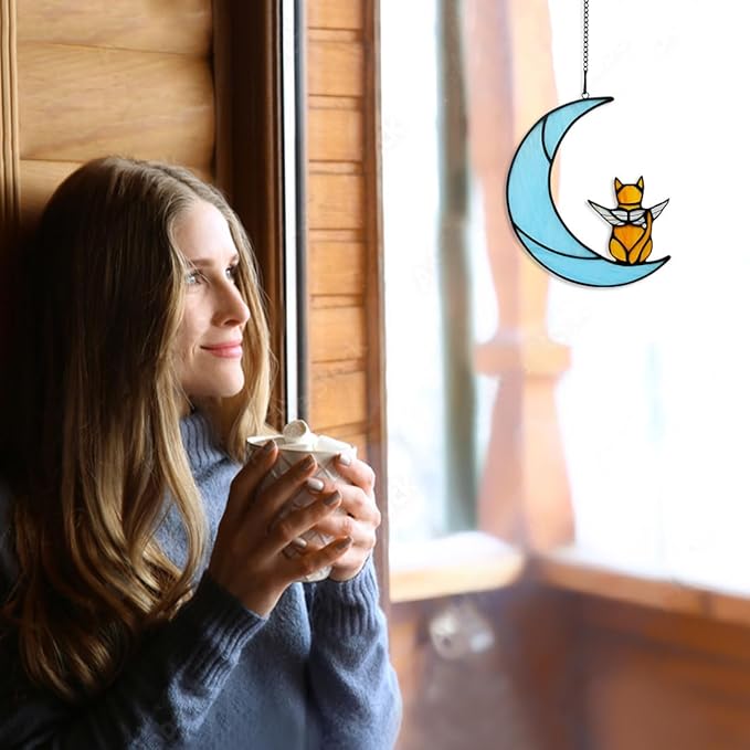 BOXCASA Angel Cat on Moon Memorial Gifts,Orange Cat Stained Glass Window Hangings,Rainbow Bridge Pet Memorial Gifts for Women,Loss of Pet Sympathy Gift for Women Mom