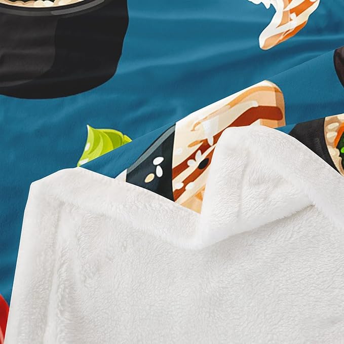 Sushi Pattern Plush Blanket Japanese Style Fleece Throw Blanket for Sofa Couch Bed Food Theme Sherpa Blanket Room Decor Cute Cartoon Japanese Sushi Fuzzy Blanket Queen 90x90 Inch