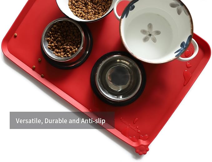 Hoki Found Large Silicone Pet Food Mats Tray - Non Slip Pet Dog Cat Bowl Mats Placemat - Dog Pet Cat Feeding Mat - Waterproof Dog Cat Food Mats -Pet Water Mats for Carpet -Classic Red