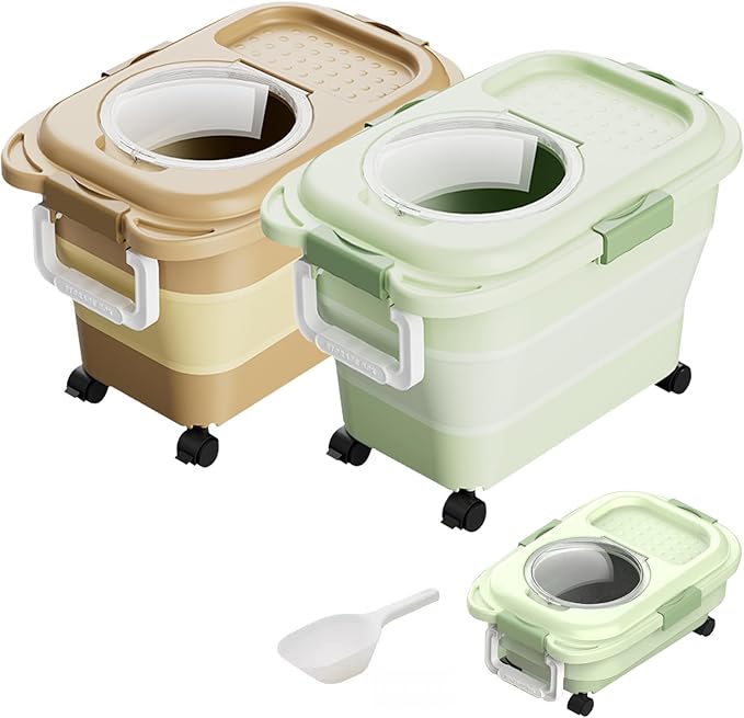 Dog Food Storage Container 2PCS*18LB,Collapsible Dog Food Container with Travel Silicone Bowl and Scoop for Dog/Cat/Bird Food/Cat litter,Keep Dry Food Fresh,Easy to Move.(Green+Brown)