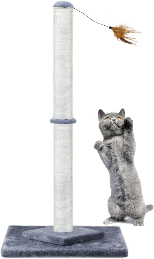 34" Tall Cat Scratching Post Double Base and Reinforcement Design,Sisal Scratch Posts Trees with Feather Toys for Indoor Cats(Gray)