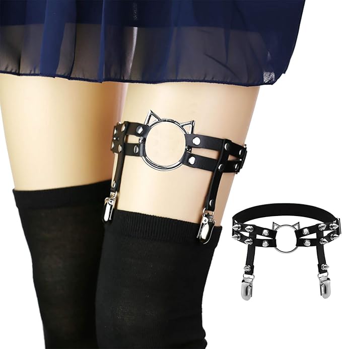 2pcs Adjustable Cat Leg Garter with Anti-Slip Clips, Elastic Punk Gothic Thigh Garter for Women and Ladies, 2 Pcs Black