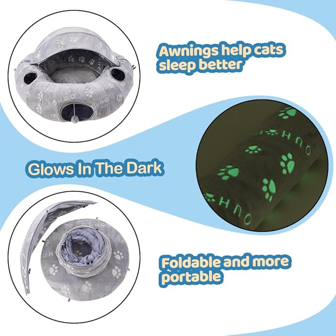 Cat Tunnel Bed with Plush Cover, Cat Tunnels for Indoor Cats, Cat Donut Tunnel with 4 Fluffy Toy Balls, Self-Luminous Cat Tube, Peekaboo Cat Cave for Kittens, Rabbits and Large Pets