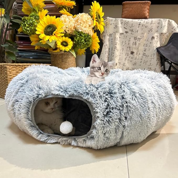 Cat Tunnel Bed, Tunnels for Indoor Cats Soft Warm Light Grey Plush, Collapsible Interactive Tube Toys, Maze House with Peek Holes Dangling Ball for Rabbit, Kitten, Kitty, Puppy