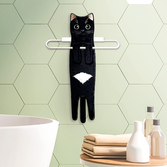 Hand Towels for Bathroom Kitchen,Cute Cat Quick-Dry Hanging Hand Towels Decorative for Bathroom Face Towels,Funny Gifts for Cat Lovers (Black)