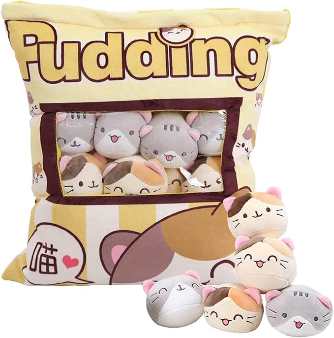 Cute Cat Plush Pillow Toy, 8" Removable Fluffy Animal Doll, Soft Cotton Stuffed Sofa Chair Decor for Kids & Girls