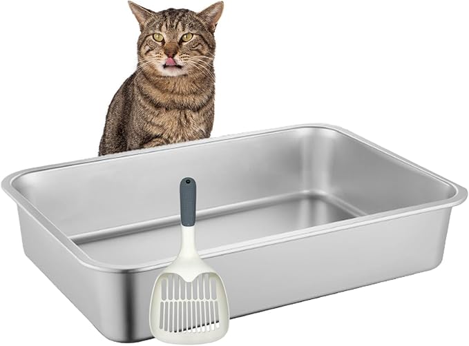 BNOSDM Stainless Steel Litter Box 4 Inch Height Cat Litter Pan for Kitten, Non Stick Metal Pets Toilet Boxes with Non-Slip Foot Mats and Litter Scoop, Easy to Clean (18x14x4)