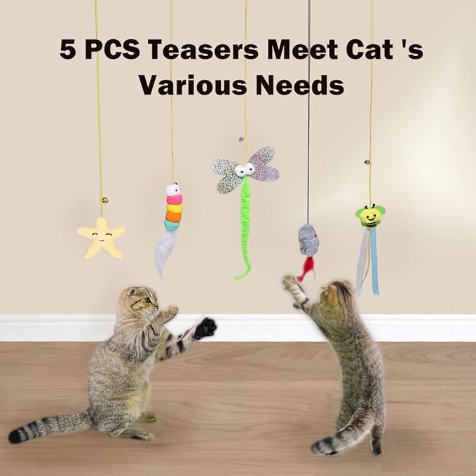 NUMINA 5 Pack Hanging Interactive Cat Feather Toys, Retractable Teaser Toy for Cat Kitten Play Chase Exercise, Interactive Cat Toys for Indoor Cats, Kitten Mental Exercise Hanging Cat Toy with Bel