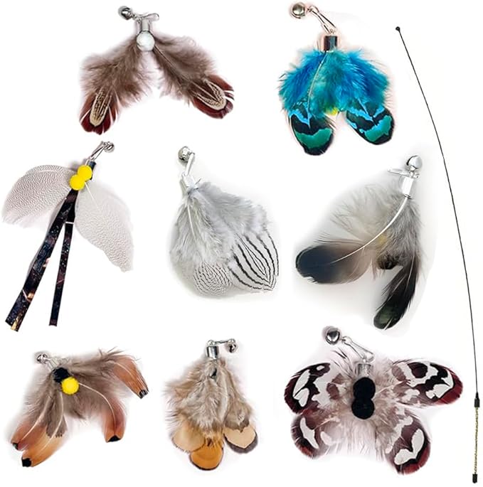 Cat Feather Toy Wand,Cat Wand Toy Lures Feather Refills,Set of 8 Insect Replacement Heads with Bells,Natural Feather Interactive Cat Toys for Indoor Cats (8pcs Refills)