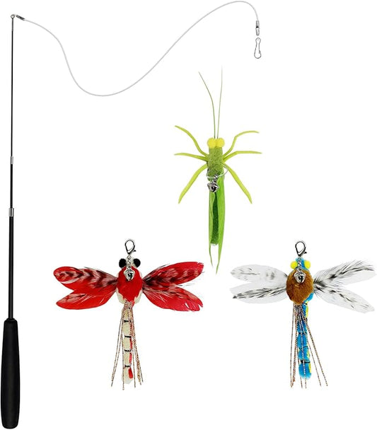Cat Feather Wand Toys,Retractable Wand Toy with 3 Simulation Insects Refills, Transparent Carbon Wire,Interactive Cat Toy Kitten Toy for Indoor Cats to Play Chase Exercis