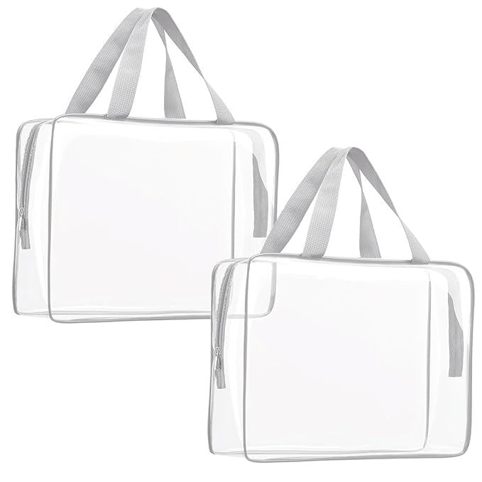 2Pcs Crystal Clear PVC Travel Toiletry Bag Kit for Women Men, Waterproof Vinyl Packing Organizer Storage Bags with Zipper Handle Straps, Cosmetic Pouch Carry on Airport Airline Compliant Bag Handbag