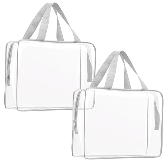 2Pcs Crystal Clear PVC Travel Toiletry Bag Kit for Women Men, Waterproof Vinyl Packing Organizer Storage Bags with Zipper Handle Straps, Cosmetic Pouch Carry on Airport Airline Compliant Bag Handbag