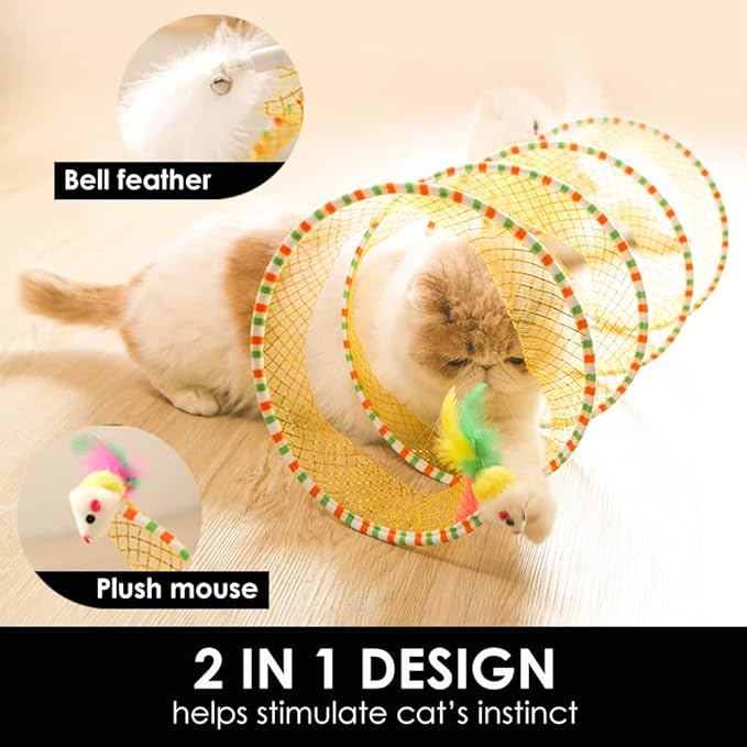 Cat Tunnel Spring Toy 2 Pcs Cat Teaser Stick Collapsible, Kitten Tunnel Bored Pet Cat Hunting Play Tunnel with Feather Mouse Toys for Cat, Kitty, Kitten, Rabbit, Puppy