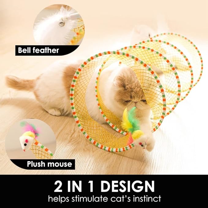 Cat Tunnel Spring Toy Cat Teaser Stick Collapsible, Kitten Tunnel Bored Pet Cat Hunting Play Tunnel with Feather Mouse Toys for Cat, Kitty, Kitten, Rabbit, Puppy (Blue)