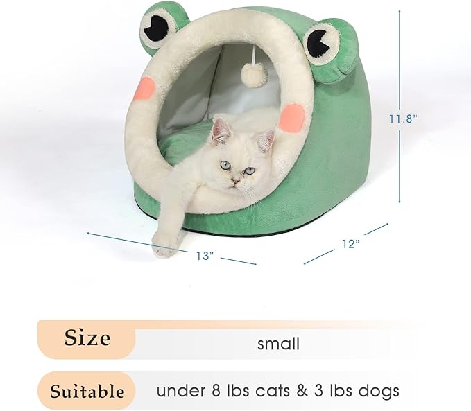 Jiupety Cute Cat Bed, Indoor Lovely Crystal Velvet Igloo for Cat, Warm Cave Sleeping Nest Bed for Puppy and Kitten, Green Frog, S