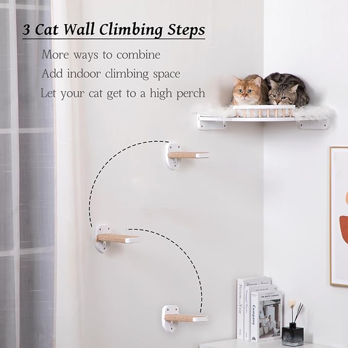 Cat Wall Shelves, Corner Cat Shelf with 3 Cat Wall Steps, Cat Shelves for Wall Large Cats Set, Cat Wall Bed with Plush Covered, Wall Mounted Cat Climbing Shelf for Indoor Cats (White)