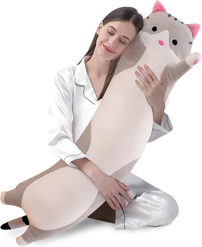 shangman Lovely Plush Cat Doll Cute Cartoon Soft Stuffed Kitten Pillow Long Throw Sleeping Pillow Doll Toy Gift for Kids Girlfriend Multiple Size (Grey,110cm/43.3in)