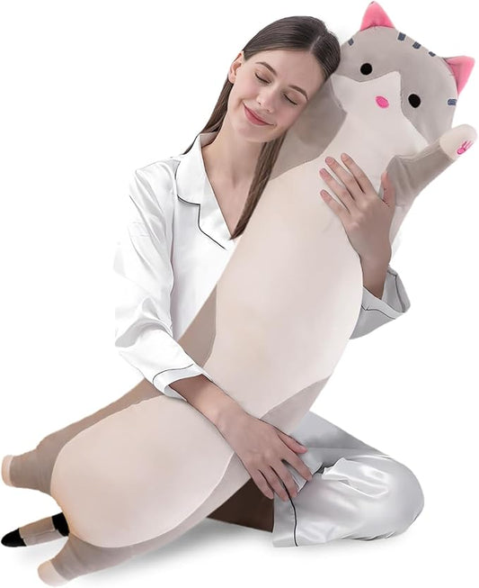 shangman Lovely Plush Cat Doll Cute Cartoon Soft Stuffed Kitten Pillow Long Throw Sleeping Pillow Doll Toy Gift for Kids Girlfriend Multiple Size (Grey,110cm/43.3in)