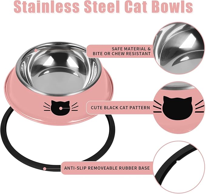 3Pcs Cat Bowls Non-Slip Stainless Steel Small Cat Food Bowls Unbreakable Thicken Cat Feeder 7 Oz Cat Dishes Suitable for Indoor Small Pets Removable Rubber Base Easily Clean Lovely Color