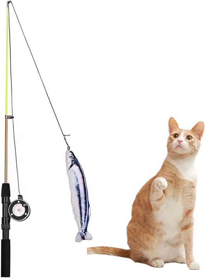 Cat Fishing Pole Toy, Interactive Cat Teaser Wand, Retractable Fishing Pole Cat Toy with Reel, Cat Pole for Indoor Cats, Cat Fishing Rod Catcher for Kitty Kitten Cat Feather Toy Mouse