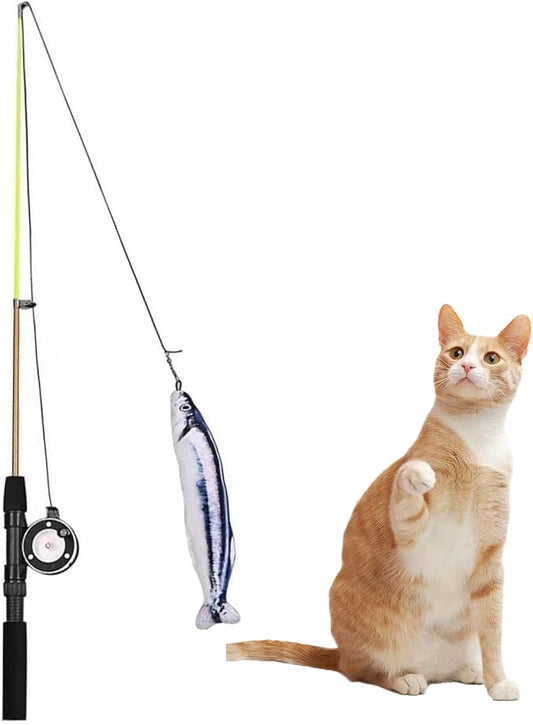 Cat Fishing Pole Toy, Interactive Cat Teaser Wand, Retractable Fishing Pole Cat Toy with Reel, Cat Pole for Indoor Cats, Cat Fishing Rod Catcher for Kitty Kitten Cat Feather Toy Mouse