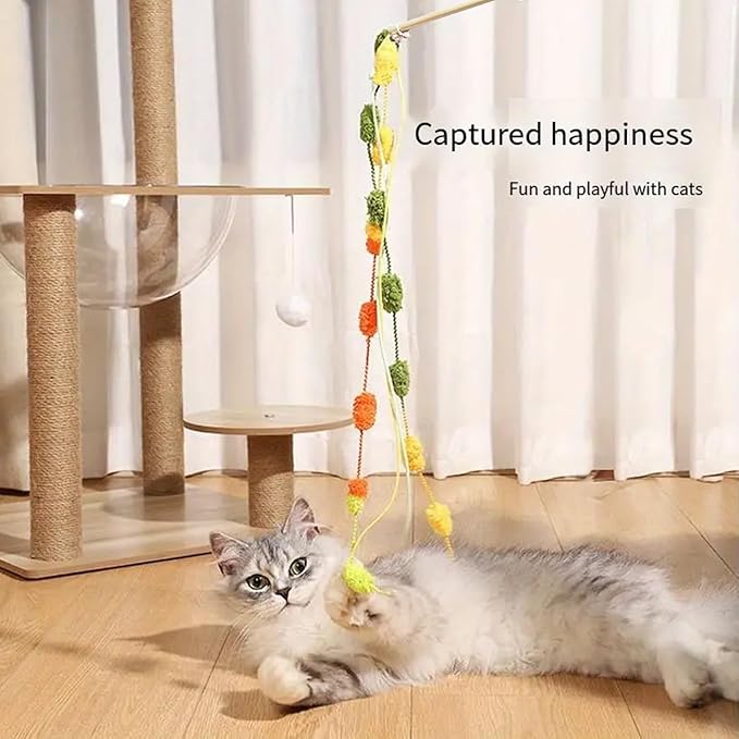 IUHKBH Cat Wands, 3 PCS Interactive Cat Teasing Stick with Vibrant Colours and Bell Plush Srtip Cat Toys Wooden Pole Cat Teaser Wand for All Breed Sizes