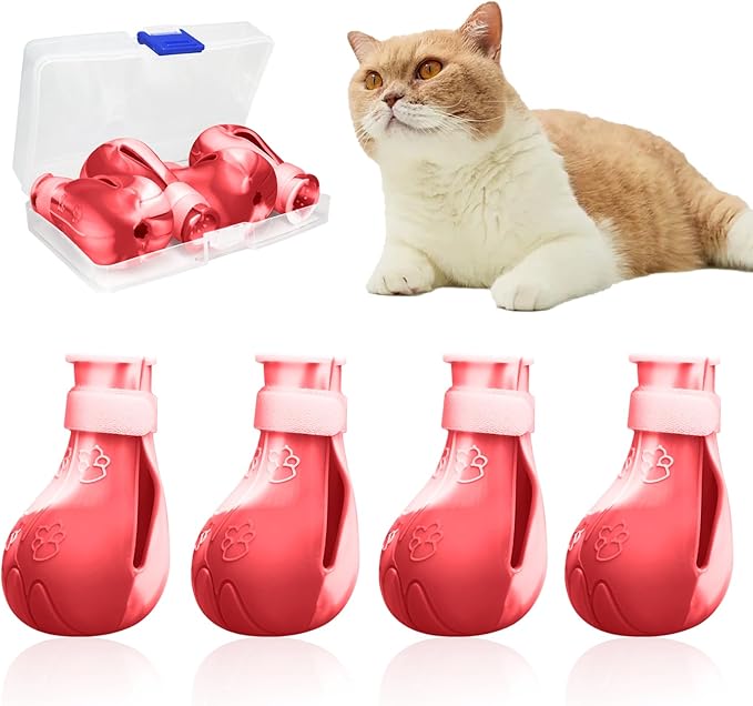 4 Pcs Cat Boots for Cats Only Cat Claw Covers Silicon Cat Mittens to Prevent Scratching Cat Booties for Bathing Nail Clipping Barbering Treatment (Red&White)