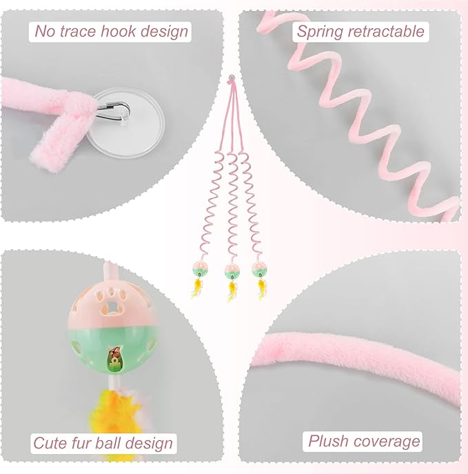 WishLotus Interactive Cat Toys, 2 Pack Soft Plush Cat Toys for Indoor Cats Self-Hanging Door Cat Plush Toys with Bells Long Tail Elastic Indoor Cat Toys for Cat Chase Play and Kill Time (Pink+Blue)