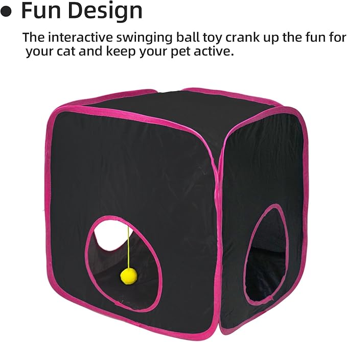 Cat Tunnels for Indoor Cats, Cat Tent, Cat Cube and Feather Cat Toy Collapsible Combo, with Interactive Cat Toy Ball, Cat Toy Set for Indoor Cat, Ferret, Guinea Pig, Rabbit, Bunny, Pink
