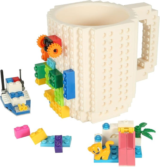 Build-on Brick Coffee Mug, Funny DIY Novelty Cup with Building Blocks Creative for Kids Men Women Xmas Birthday (White)
