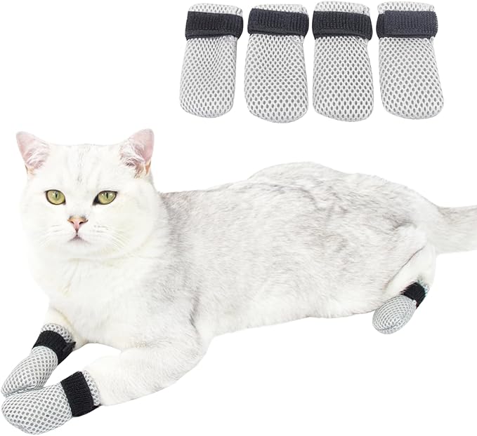 HDKUW Cat Anti-Scratch Shoes, Pet Scratch Deterrent Boots for Cats Small Dogs, Grooming Cat Accessories Nail Gloves, Adjustable Cat Claw Cover for Bathing Shaving Treatment Checking Gray L